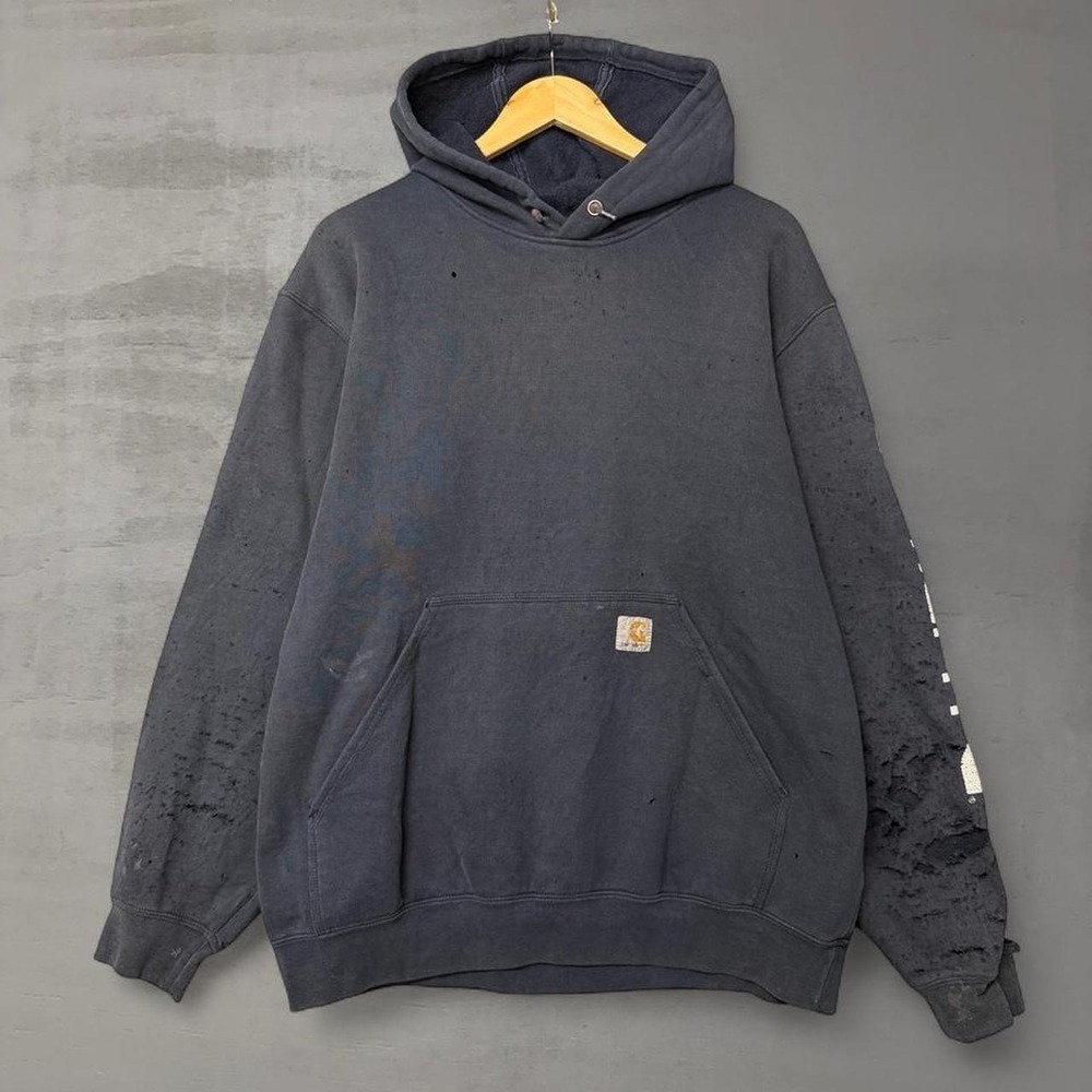 Vintage Carhartt Hoodie Navy Blue Distressed Faded Thrashed Graphic Sleeve Large